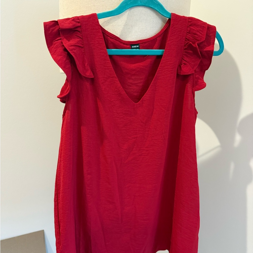 SHEIN Red V-Neck Ruffle Sleeve Blouse